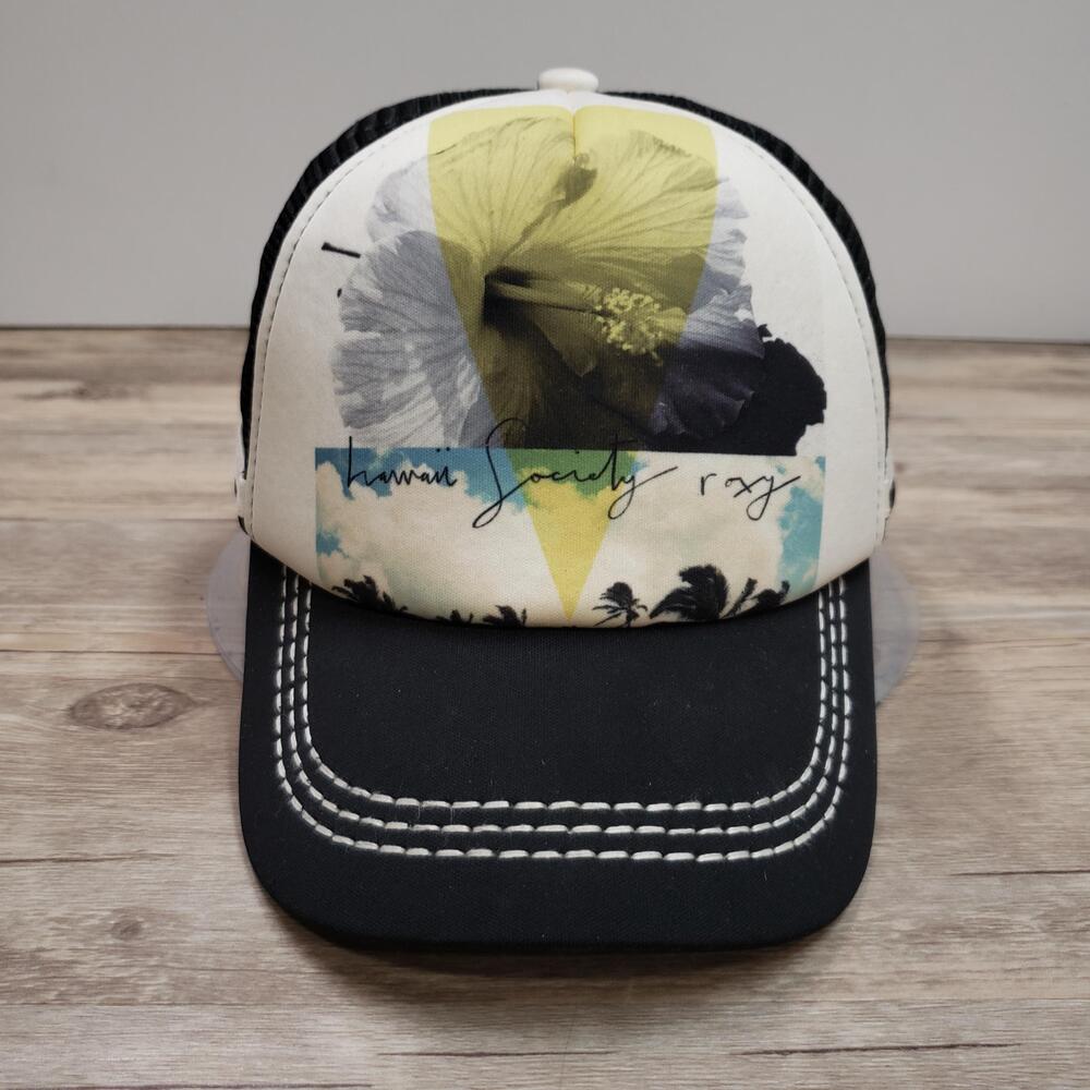 Roxy Hat Cap Snap Back Black Mesh Trucker Hawaiian Beach Womens Adjustable